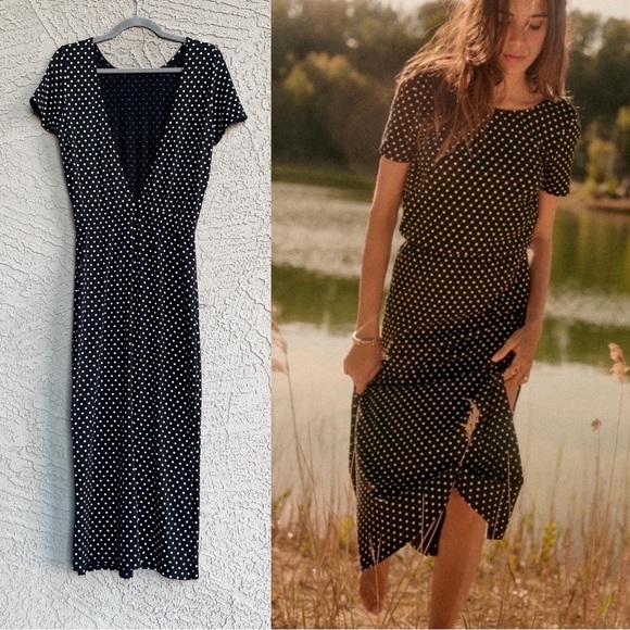 SEZANE Black & White Polka Dot Printed Open Back Organic Cotton Luce Midi Dress - Picture 5 of 14